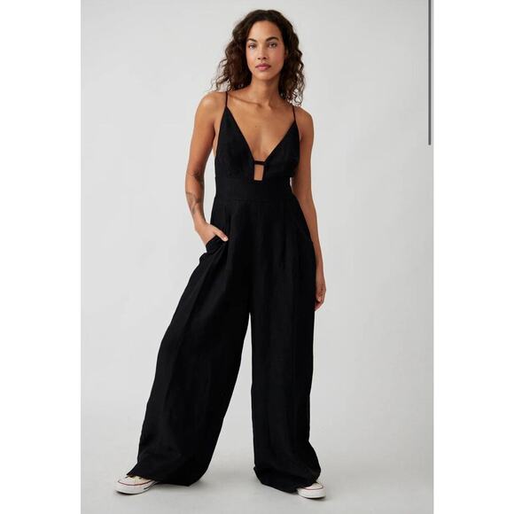 Free People Emma Jumpsuit Women’s Size L Black Linen Blend Woven Revolve Shopbop - Picture 16 of 16